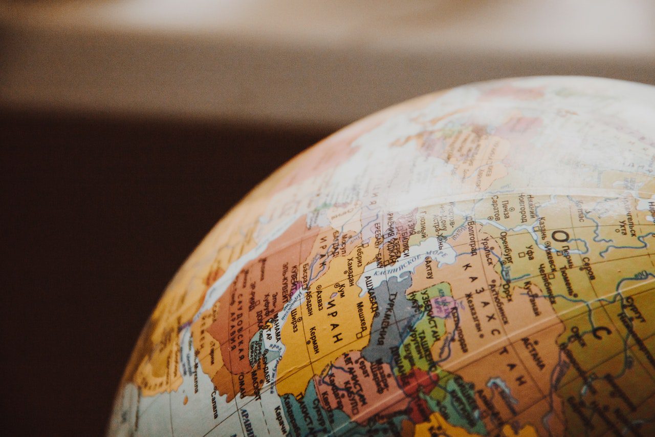 A close up of the world map on a globe