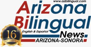 A red white and blue logo for arizona bilingual news.