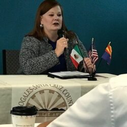 Woman speaking at conference with flags displayed.